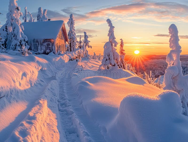 Winter Sunset in the Snow stock image