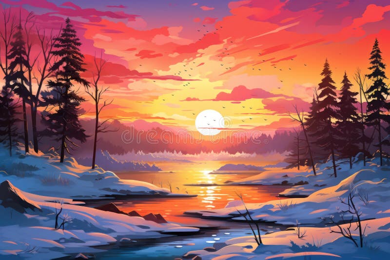 Winter Sunsets and Sunrises Generative AI Stock Illustration