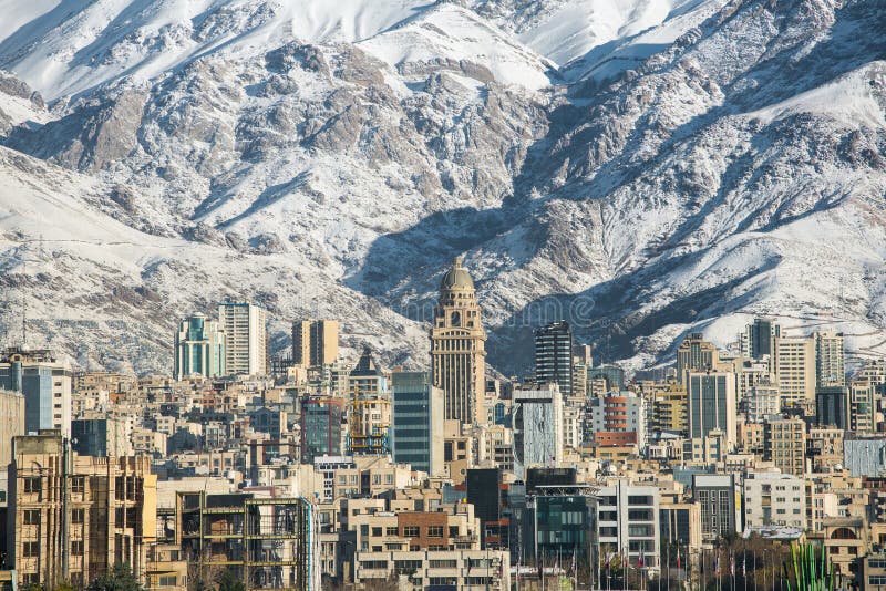 Winter Tehran view with a snow covered Alborz Mountains