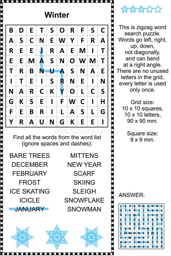 Winter themed zigzag word search puzzle (suitable both for kids and adults). Answer included. Winter themed zigzag word search puzzle (suitable both for kids and adults). Answer included.
