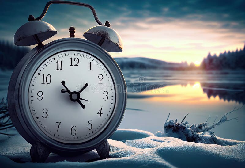 Winter Time Change Concept with Alarm Clock and Snowy Landscape