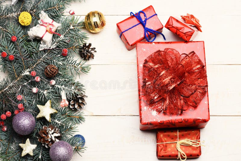 Winter time and New Year card concept. Present boxes stock photo
