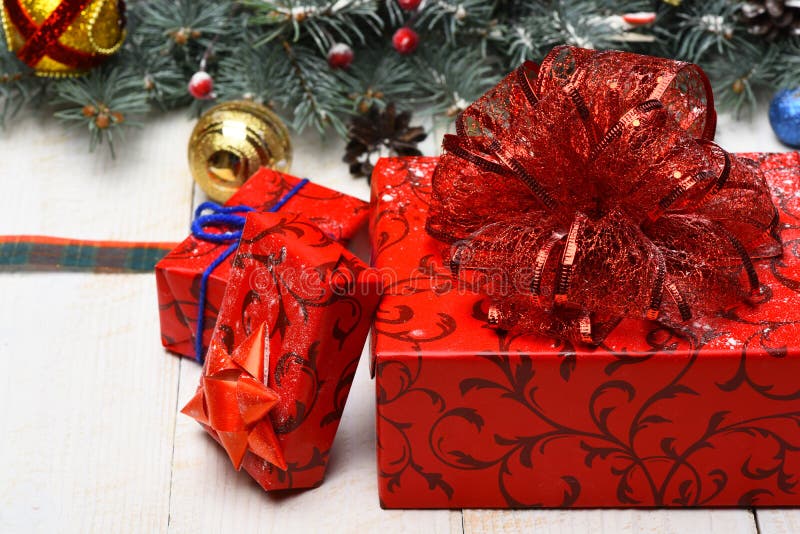 Winter time and New Year card concept. Present boxes royalty free stock image