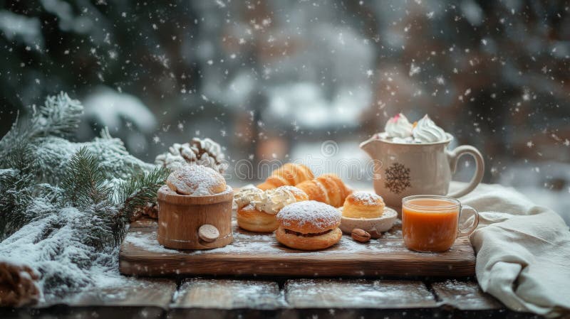Winter Treats Pastry Coffee And Snow Scene vector illustration