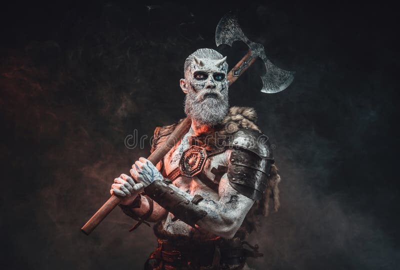 Winter Undead Chief from North with Hatchet in Dark Background Stock ...