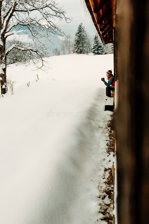 Winter vacation holiday outdoor person drinking tea royalty free stock image Winter vacation holiday outdoor person drinking tea royalty free stock image