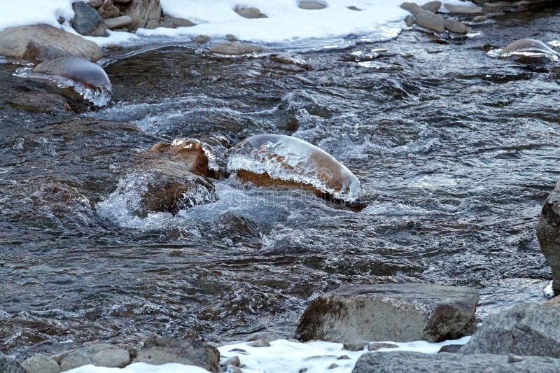 Winter Valley of Frozen Mountain River Stream Covered with Ice and Snow ...