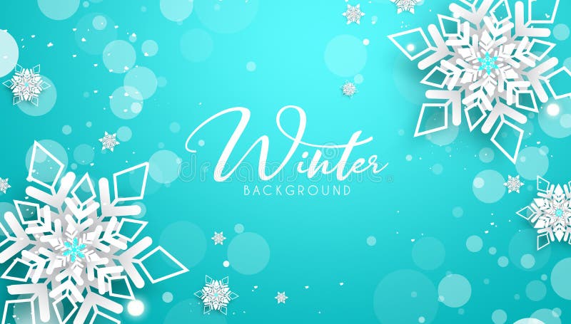 Winter vector background design. Winter typography text with decorative snowflakes art and bokeh lights elements in blue space.