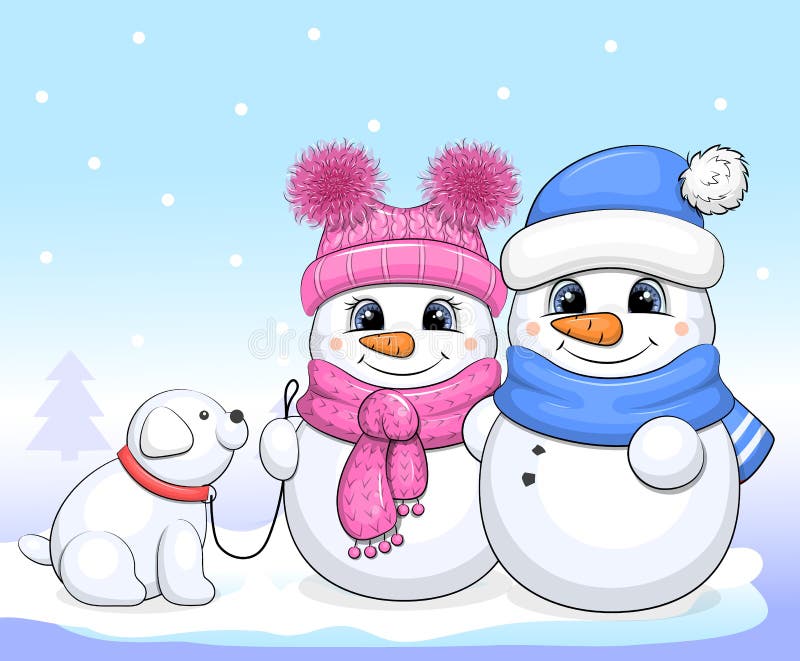 Cute couple of snowmen with snow dog.