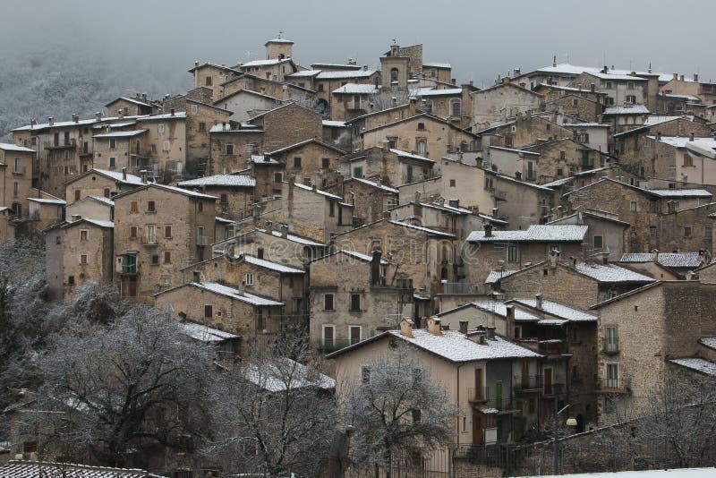 Winter view of authentic medieval villages of Abruzzo - Scanno with snow, Italy royalty free stock images Winter view of authentic medieval villages of Abruzzo - Scanno with snow, Italy royalty free stock images
