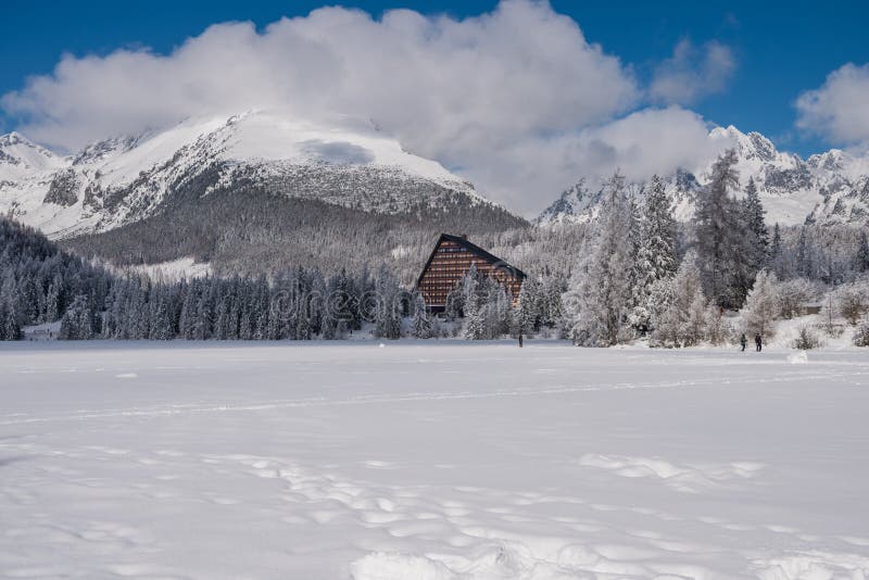 Winter view of frozen snow covered surface of Strbske Pleso