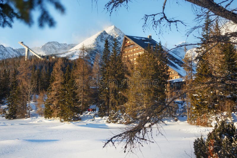 Winter view of the Strbske pleso village with hotel, coniferous forest and snowy peaks.