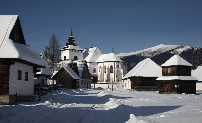 Traditional folk architecture, winter village, Pribylina, Slovakia