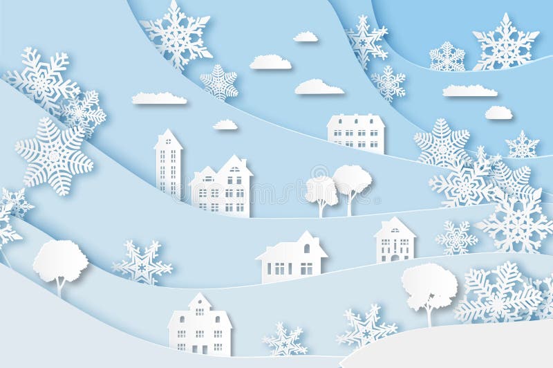 Winter village. Christmas holidays white landscape with house, snowing trees and snowflake vector cut paper decoration