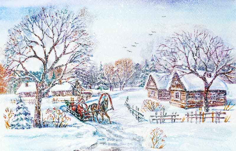 Winter village landscape with Santa in sleigh