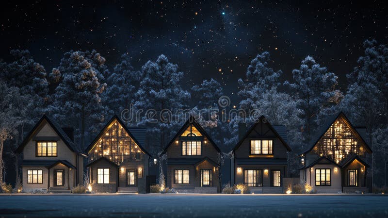 Winter Village Night Homes Aglow unter einem Sternenhimmel gemütliche Urlaubsszene stockfotografie
