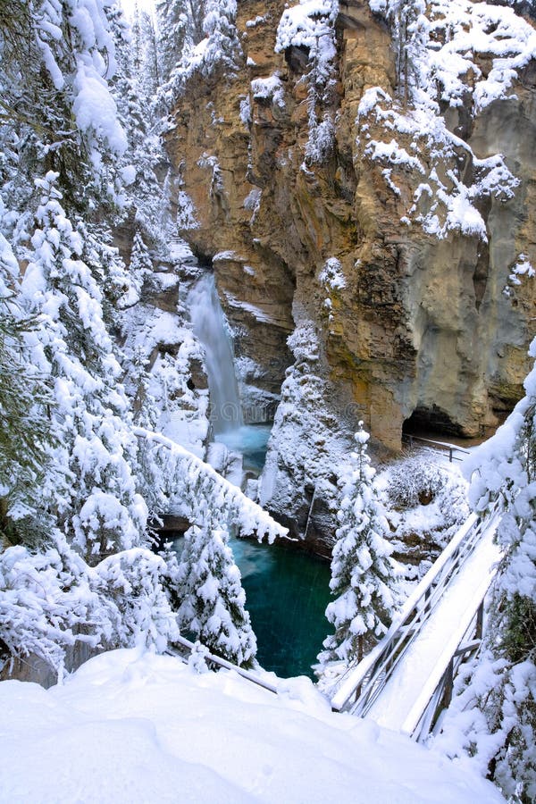A Winter Walk through Johnston Canyon in Banff National Park Stock ...