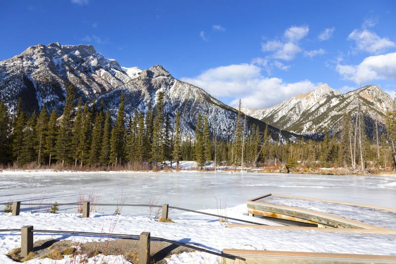 Frozen Lake Ice Snowy Mountain Peaks Landscape Cold Winter Day Kananaskis Country Alberta Canadian Rockies