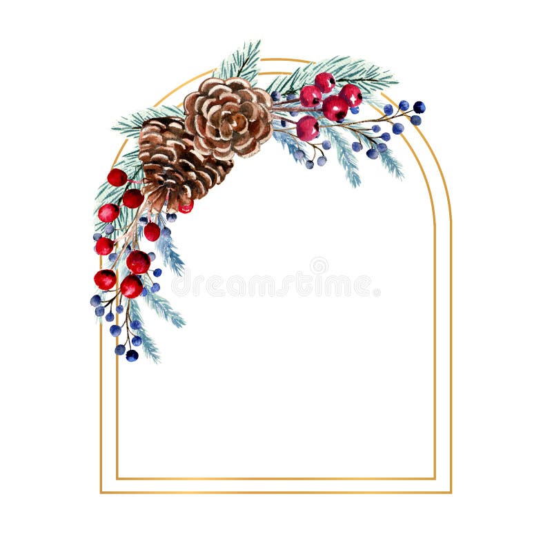 Winter watercolor arc-shaped frame with Christmas gnome, berries, fir cones, fir branches. Hand-drawn Christmas illustration. For invitations, greeting cards, prints, posters, advertising.
