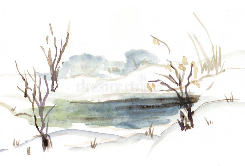 Winter watercolor landscape
