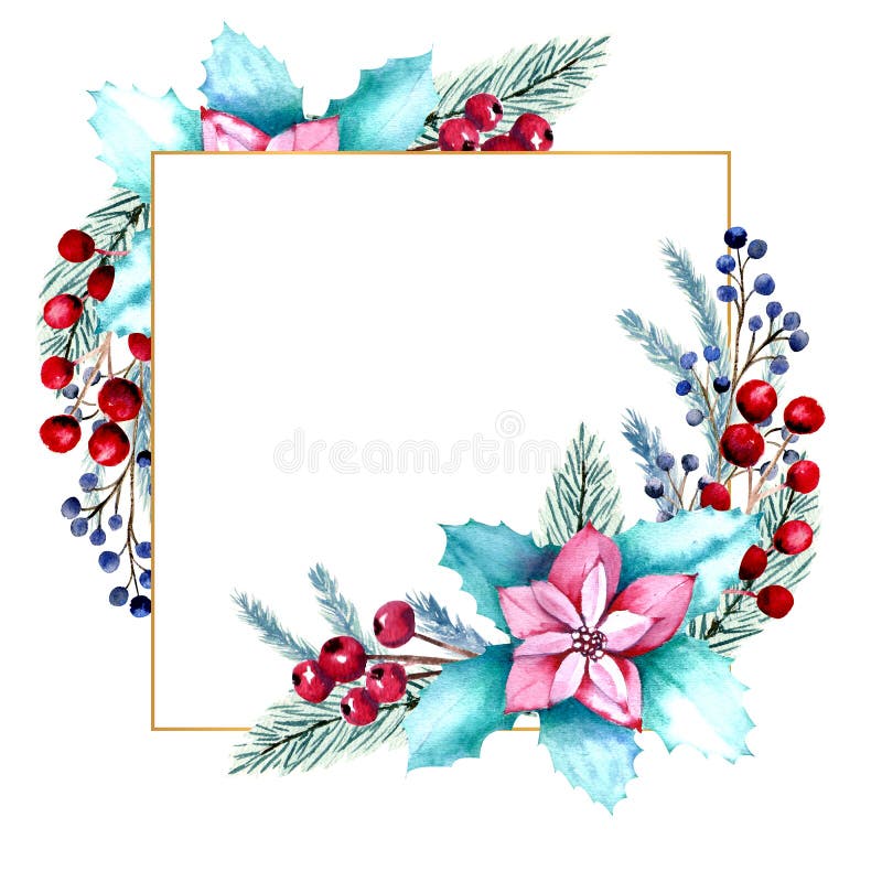 Winter watercolor square frame with berries, poinsettia flowers, fir branches. Hand-drawn Christmas illustration. For invitations, greeting cards, prints, posters, advertising.