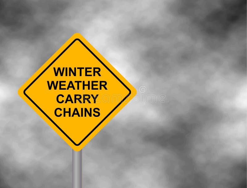 Winter weather carry chains warning road sign. Yellow hazard warning sign, on a grey sky bad weather warning. Vector illu