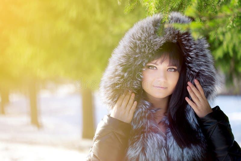 Winter Woman on Background of Winter Landscape Stock Image - Image of ...