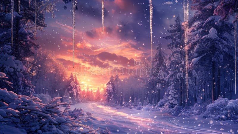 Tărâmul minunilor de iarnă cu ghețuri acoperite cu zăpadă și un cer crepuscular perfect pentru salutări sezoniere stock image
