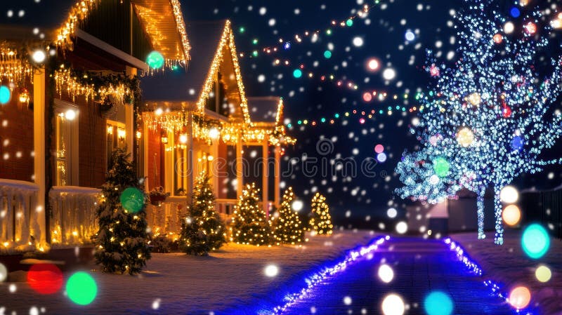 Winter Wonderland Homes Aglow mit Weihnachtsbeleuchtung Unter einem schneebedeckten Night Sky lizenzfreies stockbild