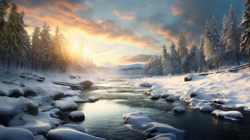 Winter Wonderland: A Serene River Amidst Snow Covered Trees royalty free illustration