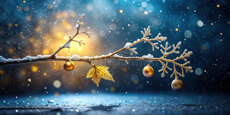 Winter wonderland snötäckt gren med gyllene prydnadsföremål och ett ömtåligt fryst löv. Generativ AI royaltyfri illustrationer