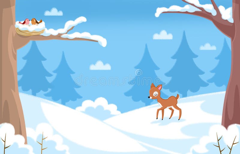 Winter-zeit- Landschaft unter dem Schnee und nette Tiercharaktere stock abbildung Winter-zeit- Landschaft unter dem Schnee und nette Tiercharaktere stock abbildung
