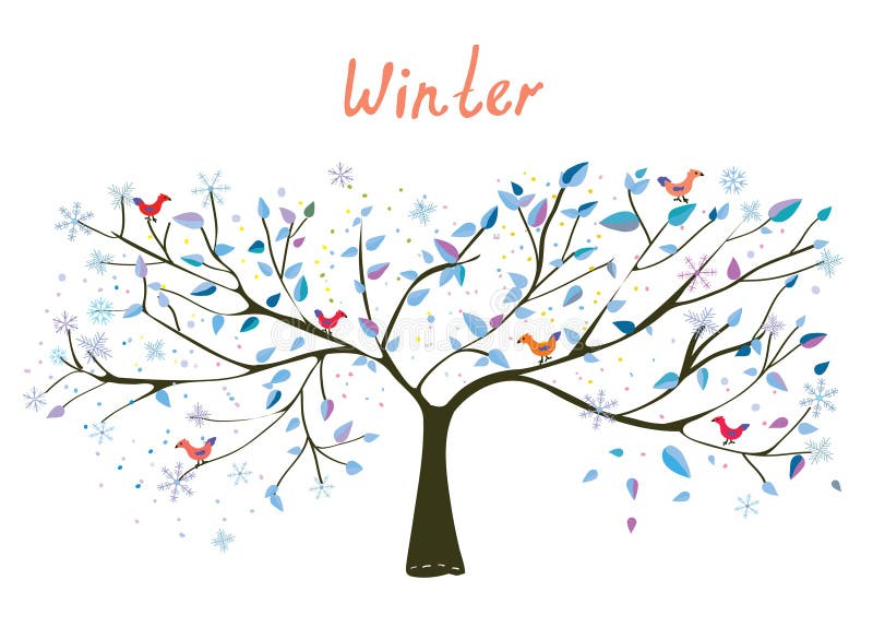 Winter tree with snow and birds - graphic illustration. Winter tree with snow and birds - graphic illustration