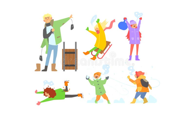 Winterbetriebe eingestellt, Kinderrodeln, Schneebälle spielend, Kinder, die Spaß haben und Schneevektor Illustration genießen lizenzfreie abbildung Winterbetriebe eingestellt, Kinderrodeln, Schneebälle spielend, Kinder, die Spaß haben und Schneevektor Illustration genießen lizenzfreie abbildung