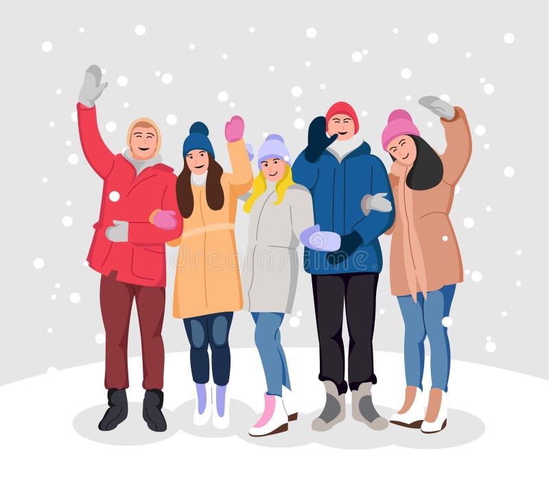 Winterferien glücklich. Warmgewalzte gekleidete Gruppe junger Menschen. Wünsche der frohe Weihnachten und ein glückliches neues Ja lizenzfreie abbildung
