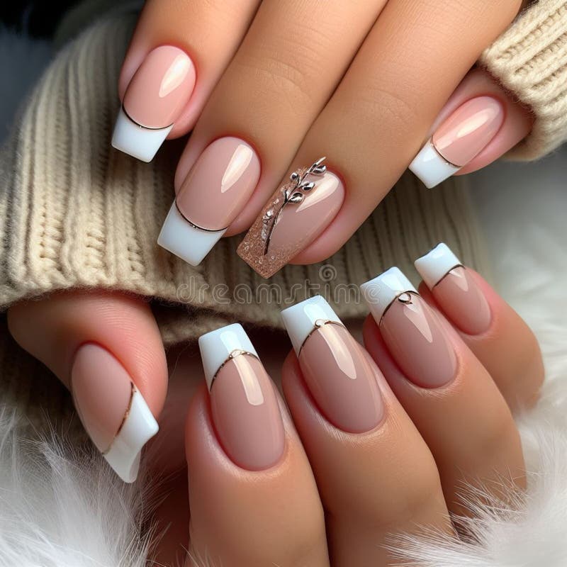 A classic French manicure updated with a sparkling twist�a glittering accent nail adding a festive touch. The neutral tones are contrasted with the shimmering details, creating a stylish look perfect for the season. A classic French manicure updated with a sparkling twist�a glittering accent nail adding a festive touch. The neutral tones are contrasted with the shimmering details, creating a stylish look perfect for the season.