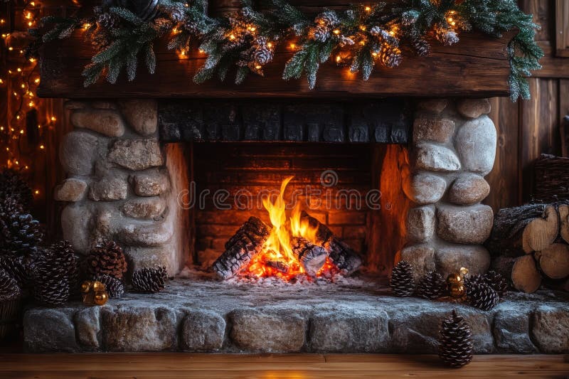 Winterkamin schmücken einen gemütlichen Kamin mit knisternden Ebern inmitten einer Festlandschaft lizenzfreie stockfotos