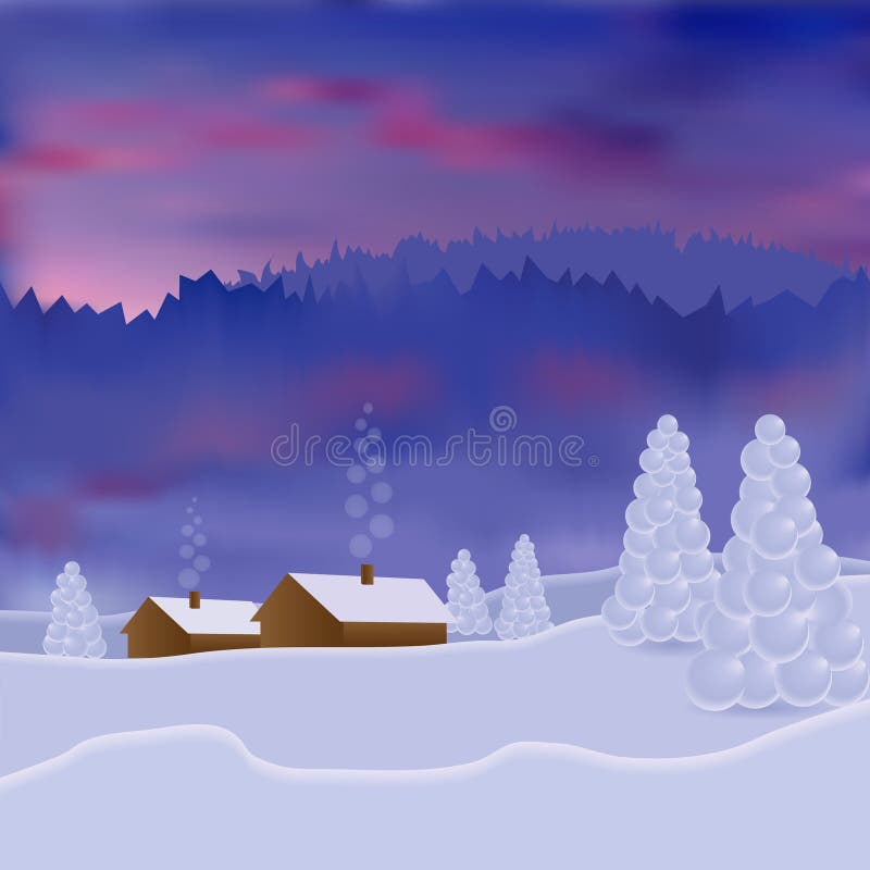 Winterlandschaft mit Schneehaus, -wald und -bergen Schöner Wintersonnenuntergang, Dämmerung Bild des Vektors 3D vektor abbildung Winterlandschaft mit Schneehaus, -wald und -bergen Schöner Wintersonnenuntergang, Dämmerung Bild des Vektors 3D vektor abbildung