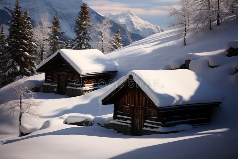 Winters charm A wood cabin nestled in a snowy, tranquil backdrop stock illustration