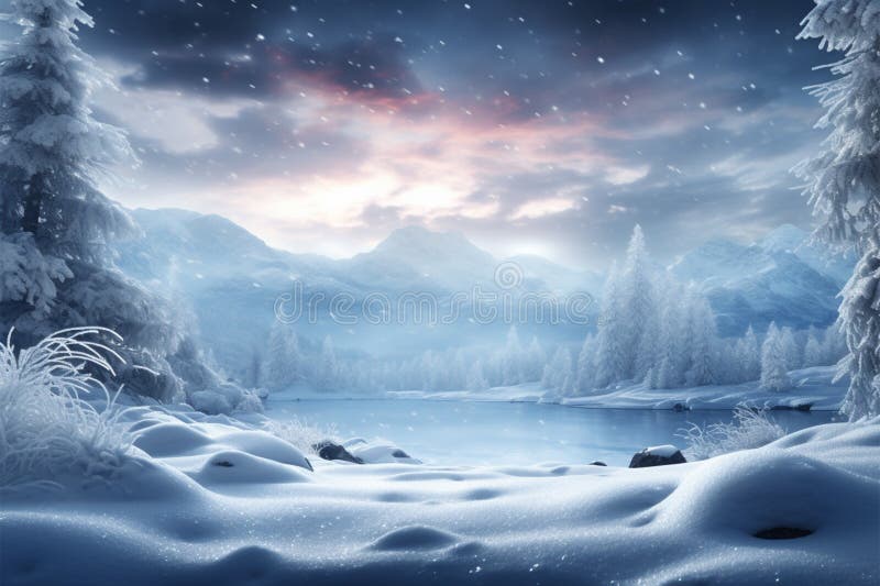 In winters time, a tranquil snow covered space emerges beautifully royalty free illustration