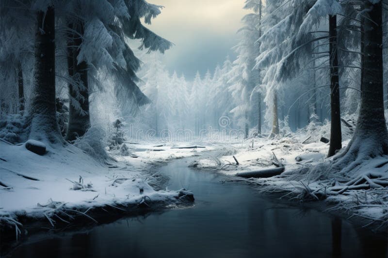 Winters touch blankets the forest, creating a tranquil snowy landscape stock illustration