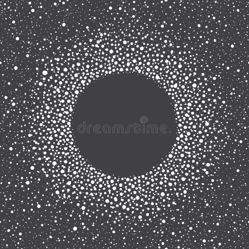 Snow frame with empty space for your text and hand drawn splash texture. Winter background made of spots or dots of various size. Round shape. New Year, Christmas black and white abstract template. Snow frame with empty space for your text and hand drawn splash texture. Winter background made of spots or dots of various size. Round shape. New Year, Christmas black and white abstract template.