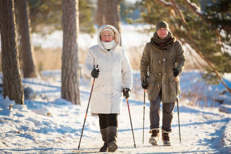 Winter sport in Finland - nordic walking. Senior women and men hiking in cold forest. Active people outdoors. Scenic peaceful Finnish landscape. Winter sport in Finland - nordic walking. Senior women and men hiking in cold forest. Active people outdoors. Scenic peaceful Finnish landscape.