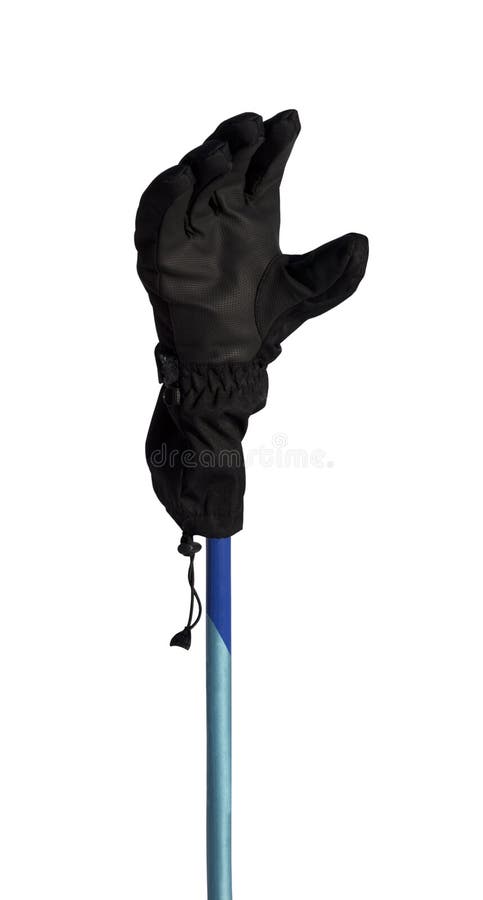 Winter sport gloves on ski pole. Ski equipment isolated on white background. Winter sport gloves on ski pole. Ski equipment isolated on white background.