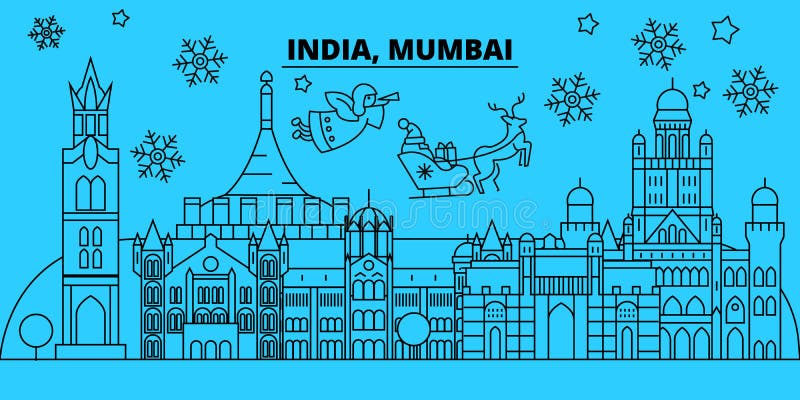 Winterurlaubskyline Indiens, Mumbai Frohe Weihnachten, guten Rutsch ins Neue Jahr verzierten Fahne mit Santa Claus Indien, Mumbai vektor abbildung Winterurlaubskyline Indiens, Mumbai Frohe Weihnachten, guten Rutsch ins Neue Jahr verzierten Fahne mit Santa Claus Indien, Mumbai vektor abbildung