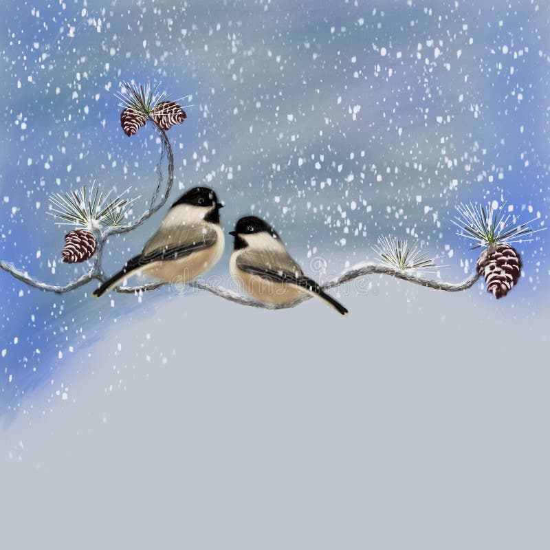 Black capped chicadees perched on a branch during a winter storm, high resolution JPEG, hand drawn. Black capped chicadees perched on a branch during a winter storm, high resolution JPEG, hand drawn