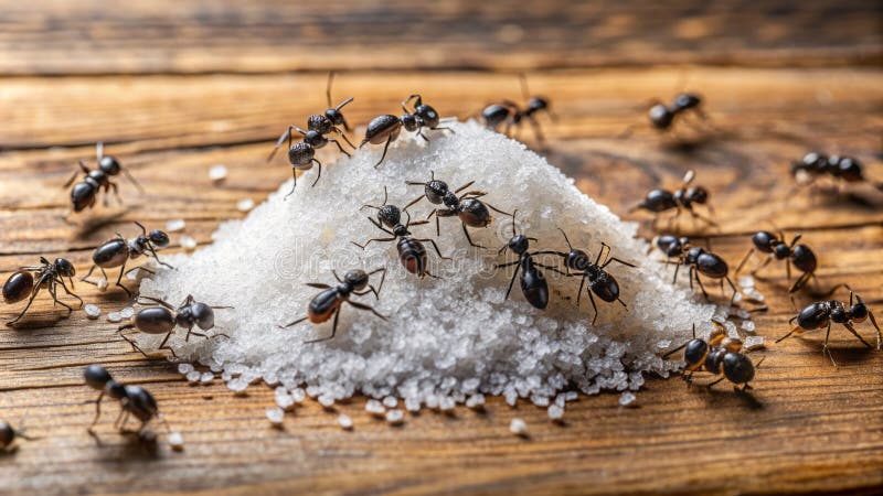 Winzige schwarze Ameisen devour a Sweet Spill a Closeup to SugarSeeking Insekten on Weathered Wood stock abbildung