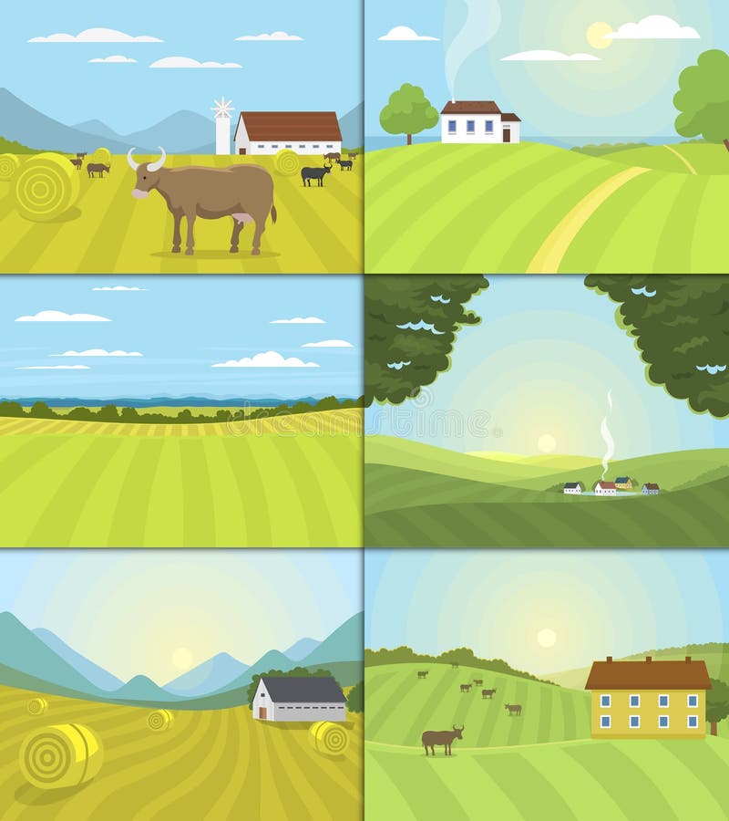 Village landscapes vector illustration farm field and houses agriculture graphic country side. Grunge farmhouse outdoor road season scene horizon organic scenic antique drawing. Village landscapes vector illustration farm field and houses agriculture graphic country side. Grunge farmhouse outdoor road season scene horizon organic scenic antique drawing.