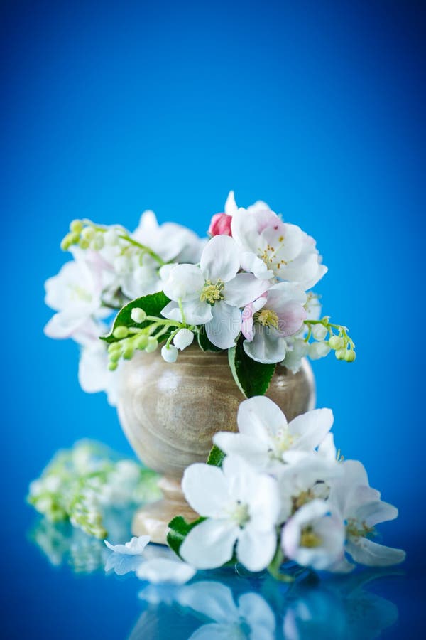 Spring bouquet of lily of the valley and apple blossom on a blue background. Spring bouquet of lily of the valley and apple blossom on a blue background