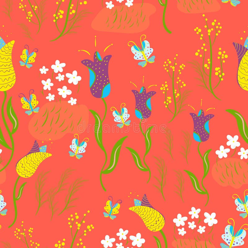 Wiosny kwiecisty bezszwowy z tulipanami, mimoza, pierwiosnki, motyle na żywym koralowym tle ilustracja wektor Wiosny kwiecisty bezszwowy z tulipanami, mimoza, pierwiosnki, motyle na żywym koralowym tle ilustracja wektor